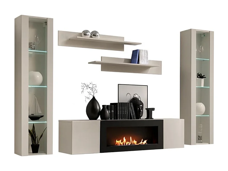 Composition murale FLY cachemire avec vitrines vitrées, cheminée bio-éthanol et LED