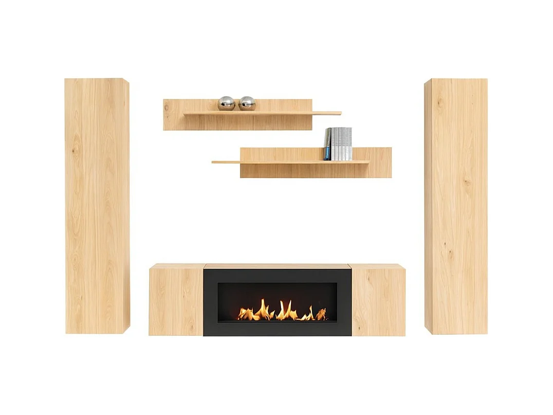 Composition murale FLY – Chêne clair – Meuble TV, vitrines, étagères – Cheminée bio-éthanol intégrée