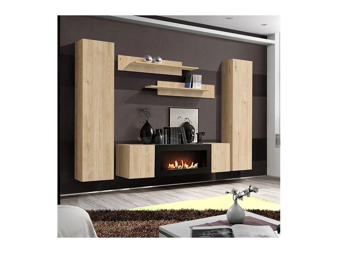 Composition murale FLY – Chêne clair – Meuble TV, vitrines, étagères – Cheminée bio-éthanol intégrée
