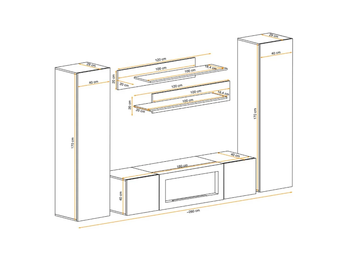 Composition murale FLY – Chêne clair – Meuble TV, vitrines, étagères – Cheminée bio-éthanol intégrée