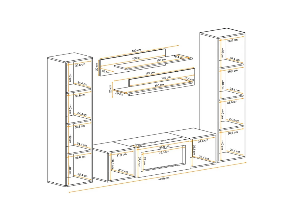 Composition murale FLY – Chêne clair – Meuble TV, vitrines, étagères – Cheminée bio-éthanol intégrée