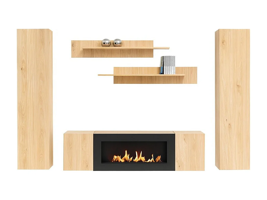Composition murale FLY – Chêne clair – Meuble TV, vitrines, étagères – Cheminée bio-éthanol intégrée