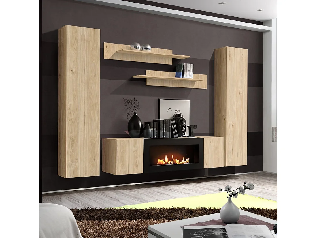 Composition murale FLY – Chêne clair – Meuble TV, vitrines, étagères – Cheminée bio-éthanol intégrée