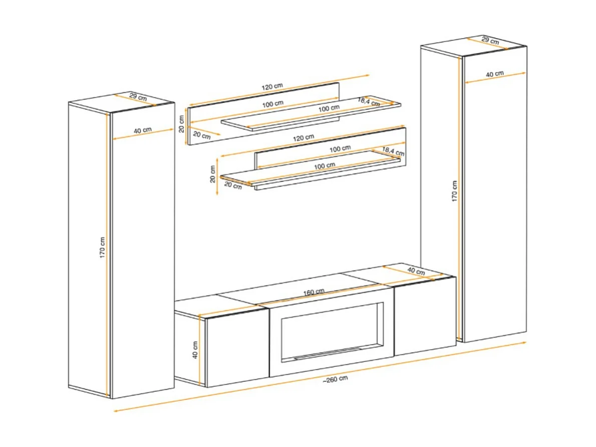 Composition murale FLY – Chêne clair – Meuble TV, vitrines, étagères – Cheminée bio-éthanol intégrée