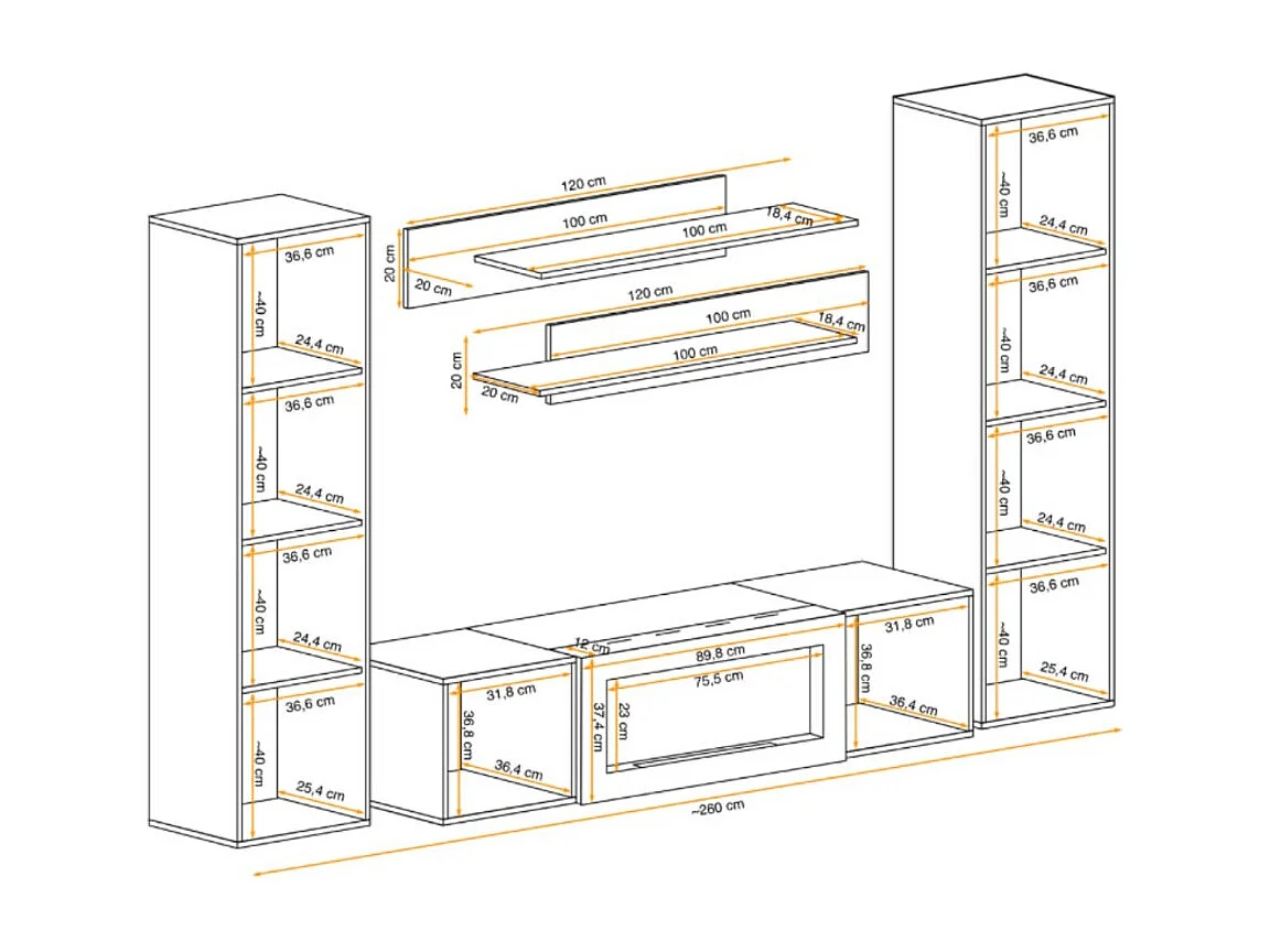 Composition murale FLY – Chêne clair – Meuble TV, vitrines, étagères – Cheminée bio-éthanol intégrée