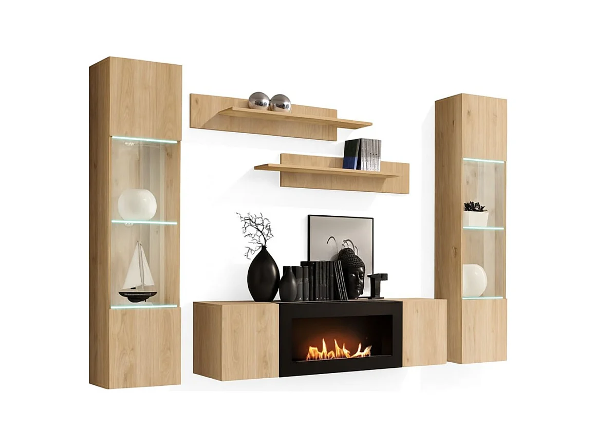 Composition murale FLY – Chêne clair – Vitrines partiellement vitrées LED, étagères et meuble TV avec cheminée bio-éthanol
