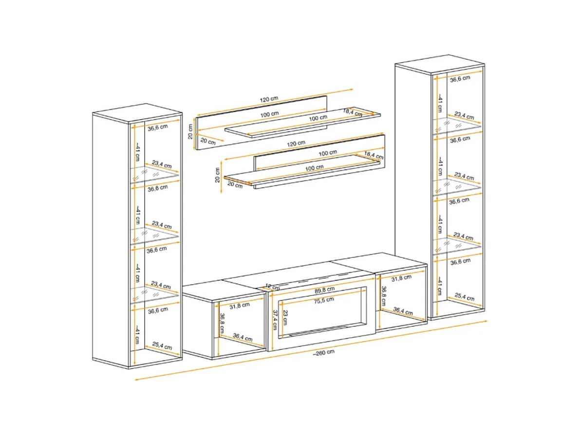 Composition murale FLY – Chêne clair – Vitrines partiellement vitrées LED, étagères et meuble TV avec cheminée bio-éthanol