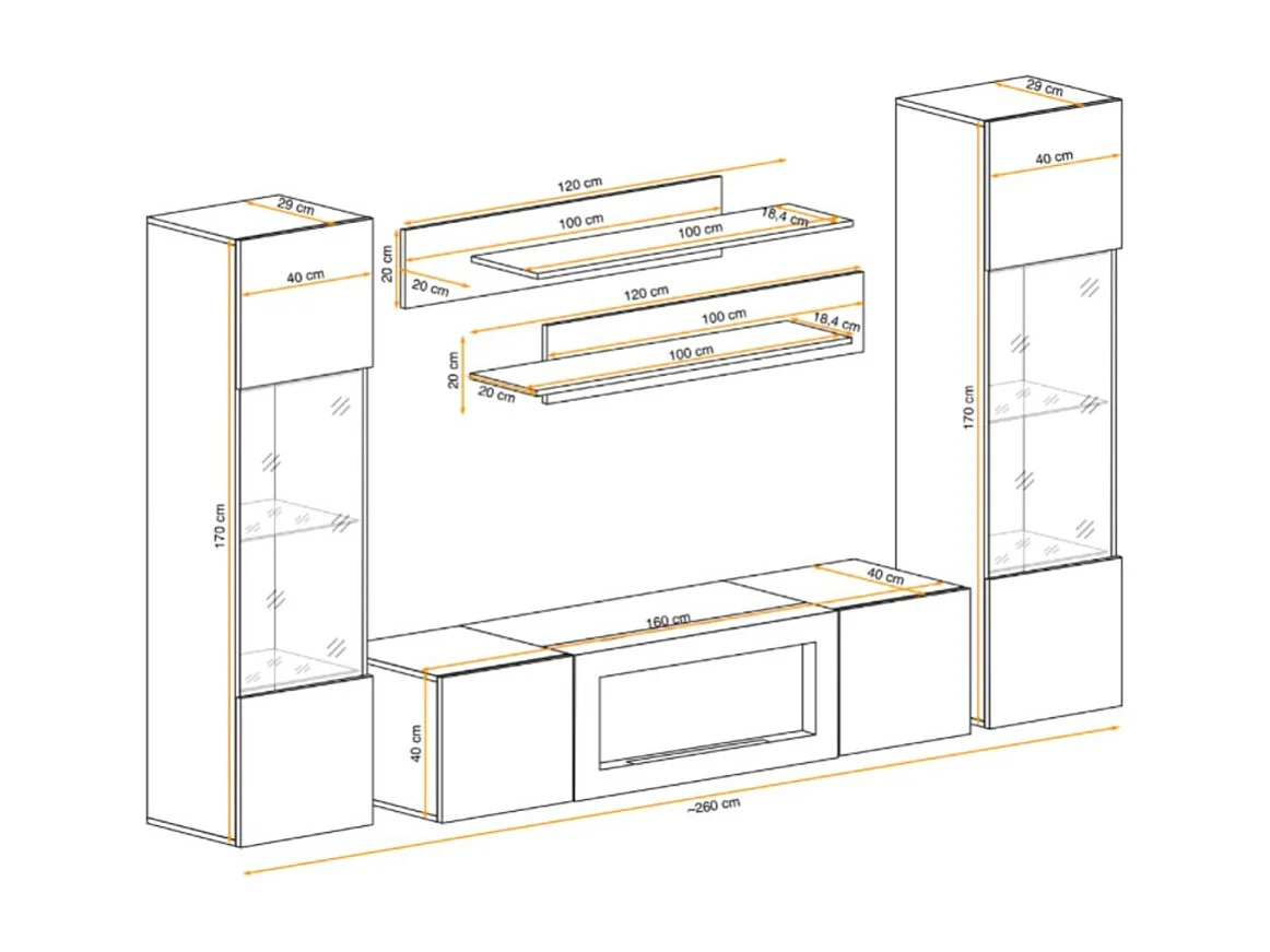 Composition murale FLY – Chêne clair – Vitrines partiellement vitrées LED, étagères et meuble TV avec cheminée bio-éthanol