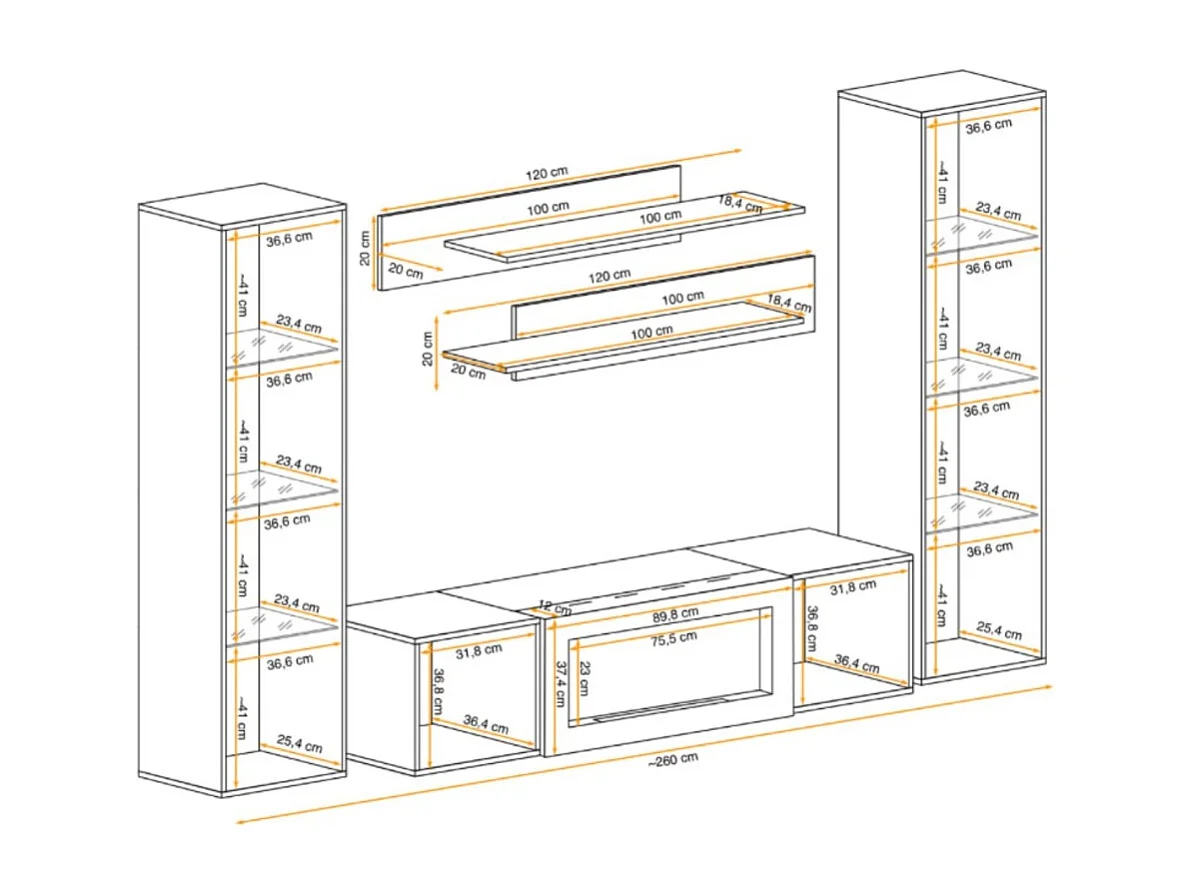 Composition murale FLY – Chêne clair – Vitrines partiellement vitrées LED, étagères et meuble TV avec cheminée bio-éthanol