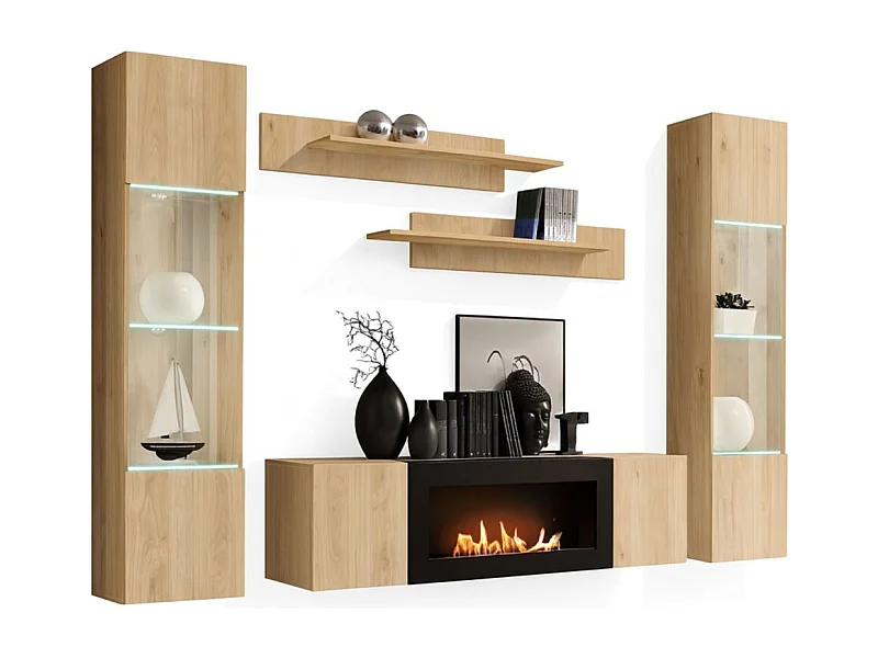 Composition murale FLY – Chêne clair – Vitrines partiellement vitrées LED, étagères et meuble TV avec cheminée bio-éthanol