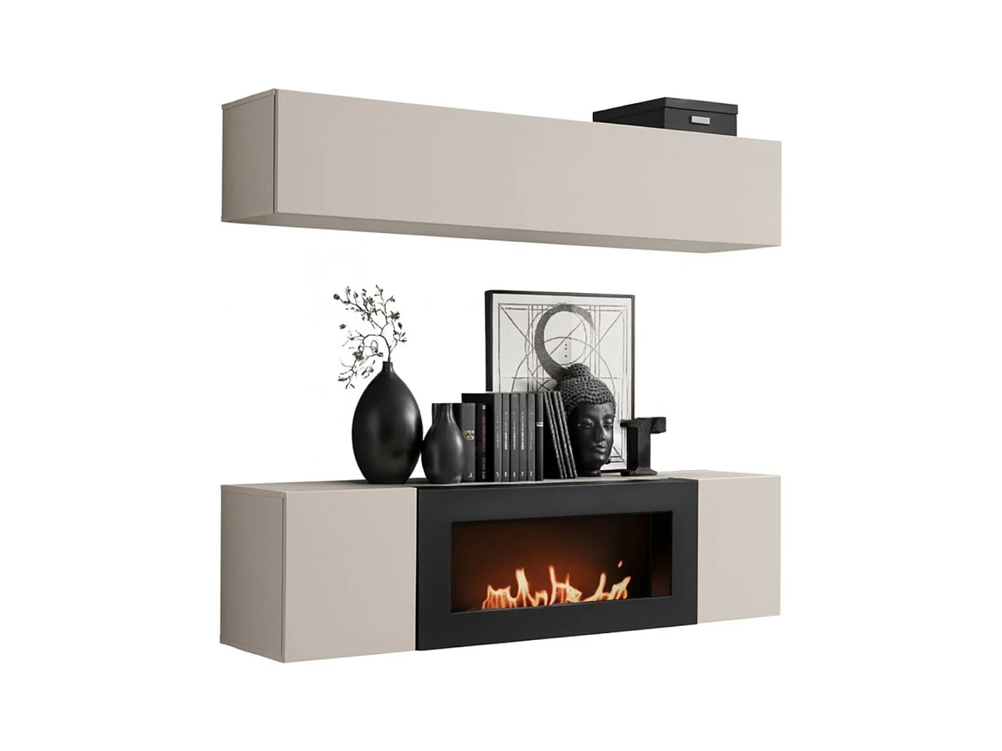 Composition murale FLY cachemire avec colonne suspendue horizontale et meuble TV cheminée bio-éthanol