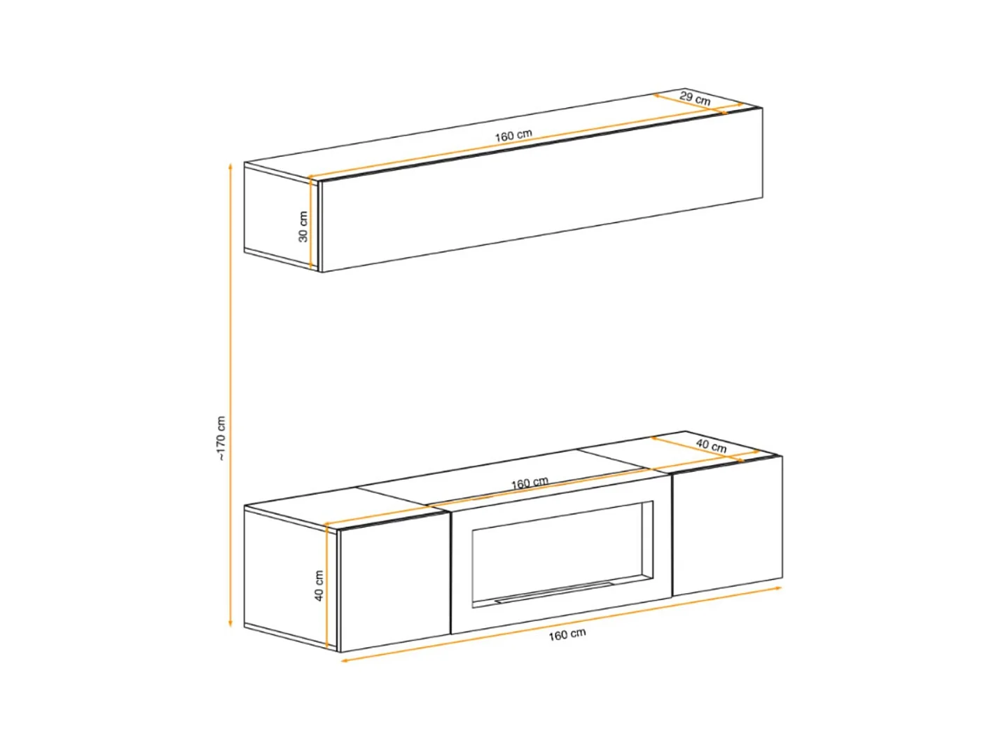 Composition murale FLY cachemire avec colonne suspendue horizontale et meuble TV cheminée bio-éthanol