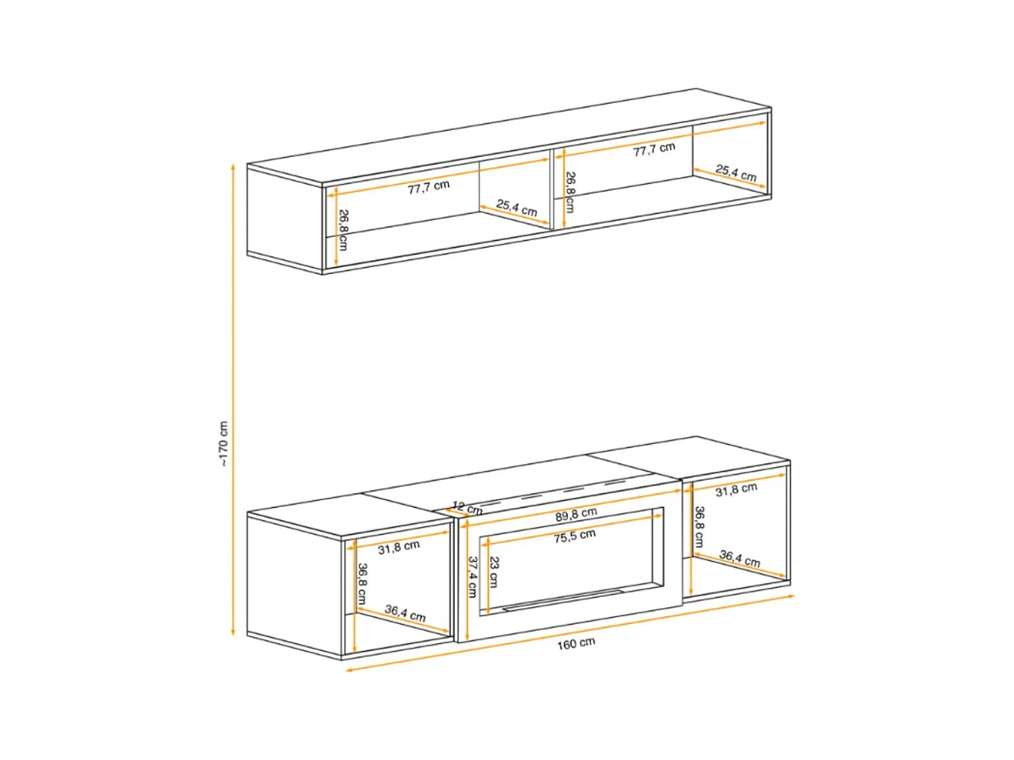 Composition murale FLY cachemire avec colonne suspendue horizontale et meuble TV cheminée bio-éthanol