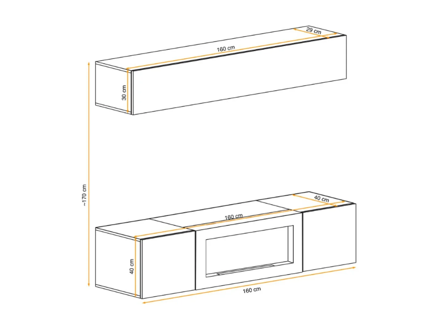 Composition murale FLY cachemire avec colonne suspendue horizontale et meuble TV cheminée bio-éthanol
