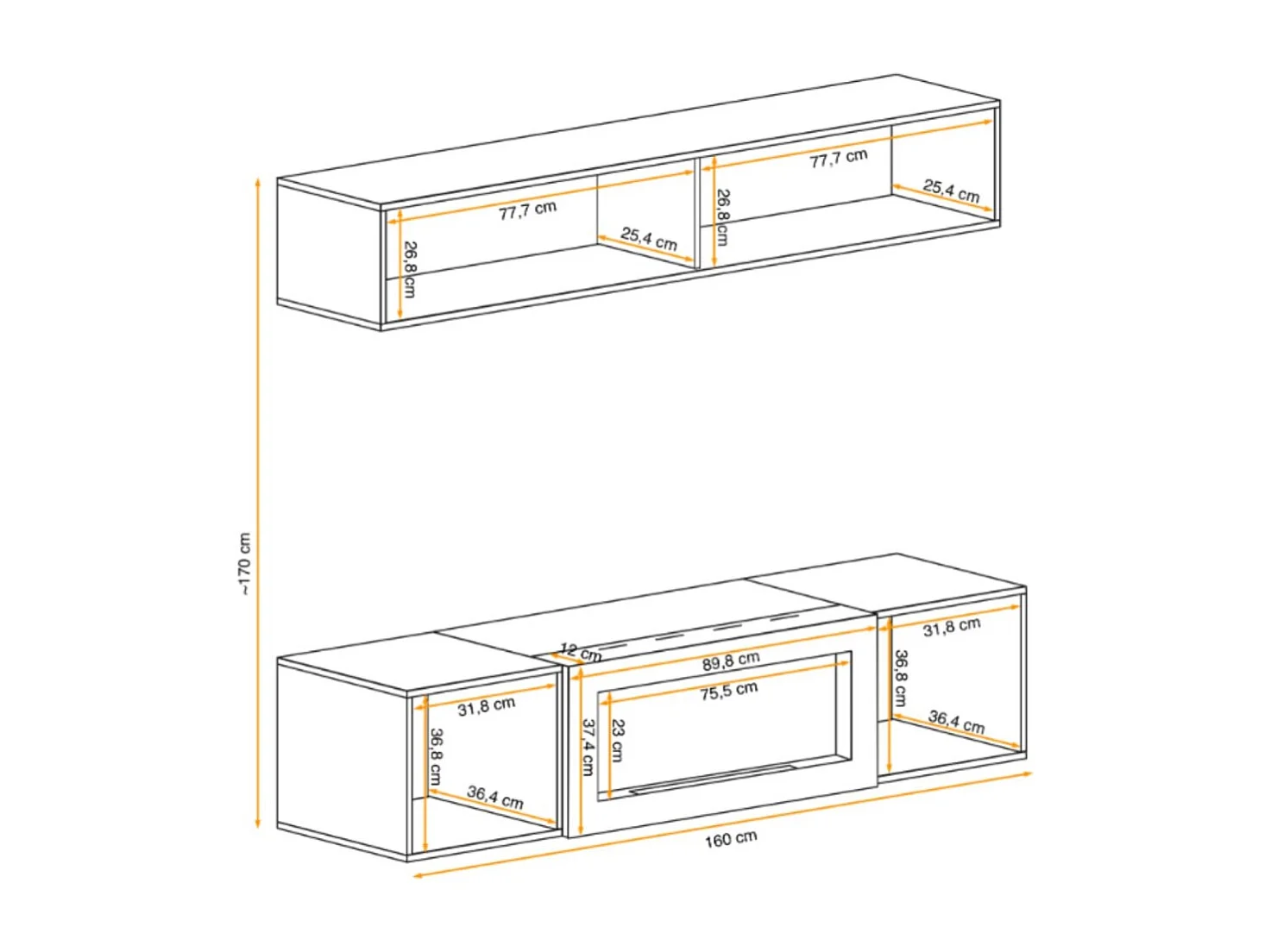 Composition murale FLY cachemire avec colonne suspendue horizontale et meuble TV cheminée bio-éthanol