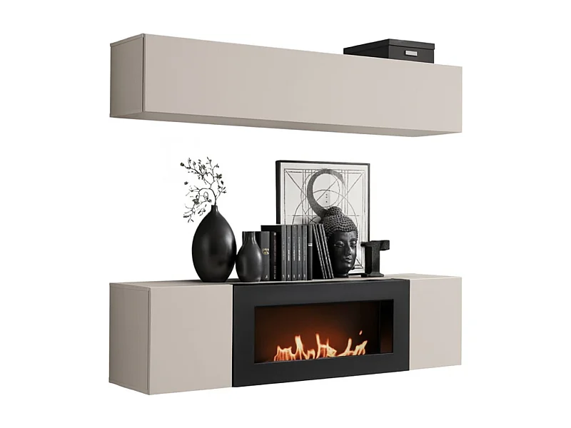 Composition murale FLY cachemire avec colonne suspendue horizontale et meuble TV cheminée bio-éthanol