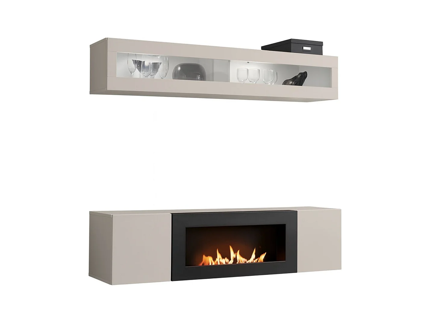 Composition murale FLY cachemire avec vitrine vitrée horizontale et meuble TV cheminée bio-éthanol