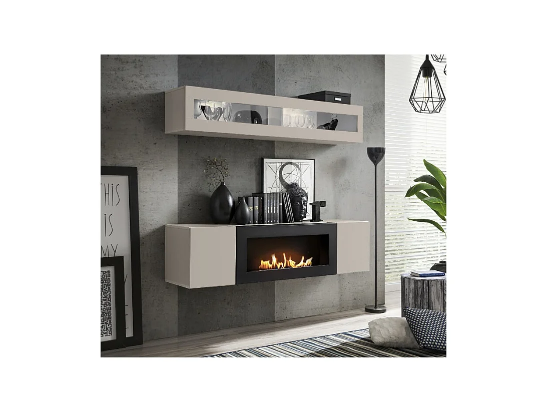 Composition murale FLY cachemire avec vitrine vitrée horizontale et meuble TV cheminée bio-éthanol