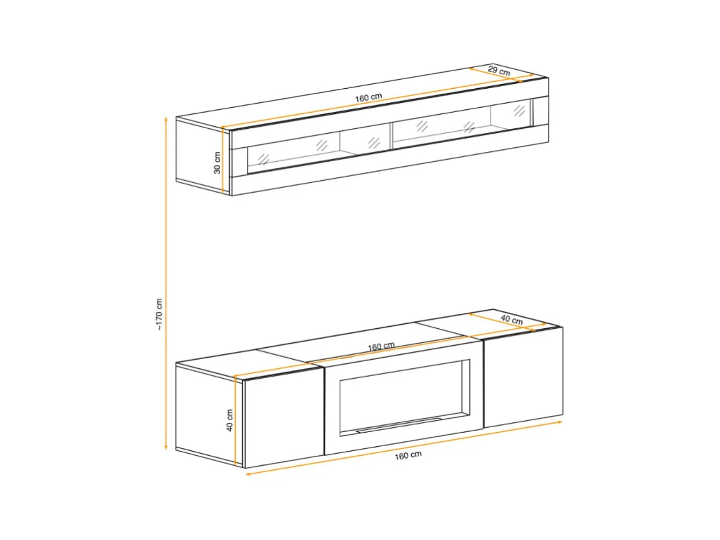 Composition murale FLY cachemire avec vitrine vitrée horizontale et meuble TV cheminée bio-éthanol