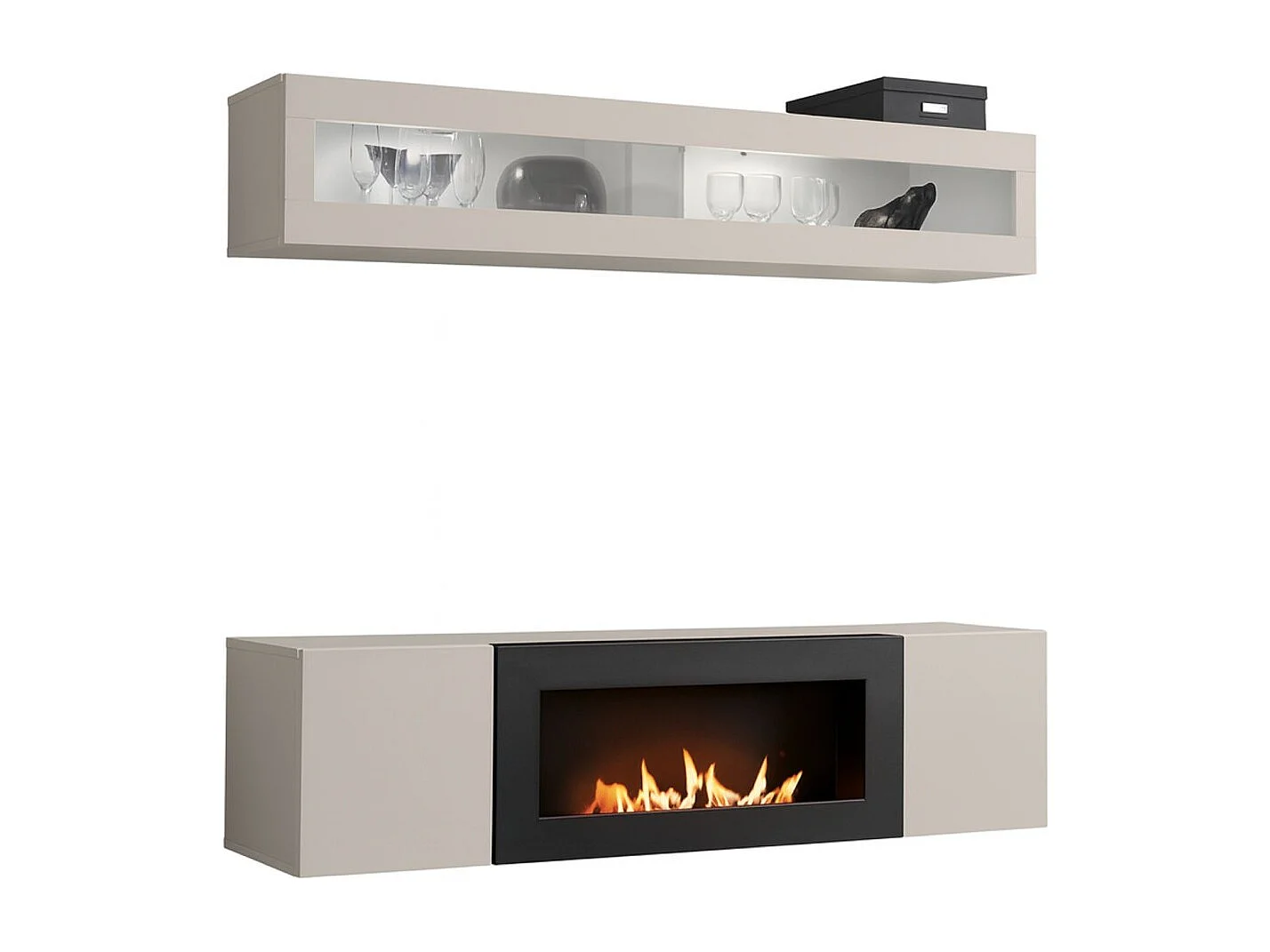 Composition murale FLY cachemire avec vitrine vitrée horizontale et meuble TV cheminée bio-éthanol