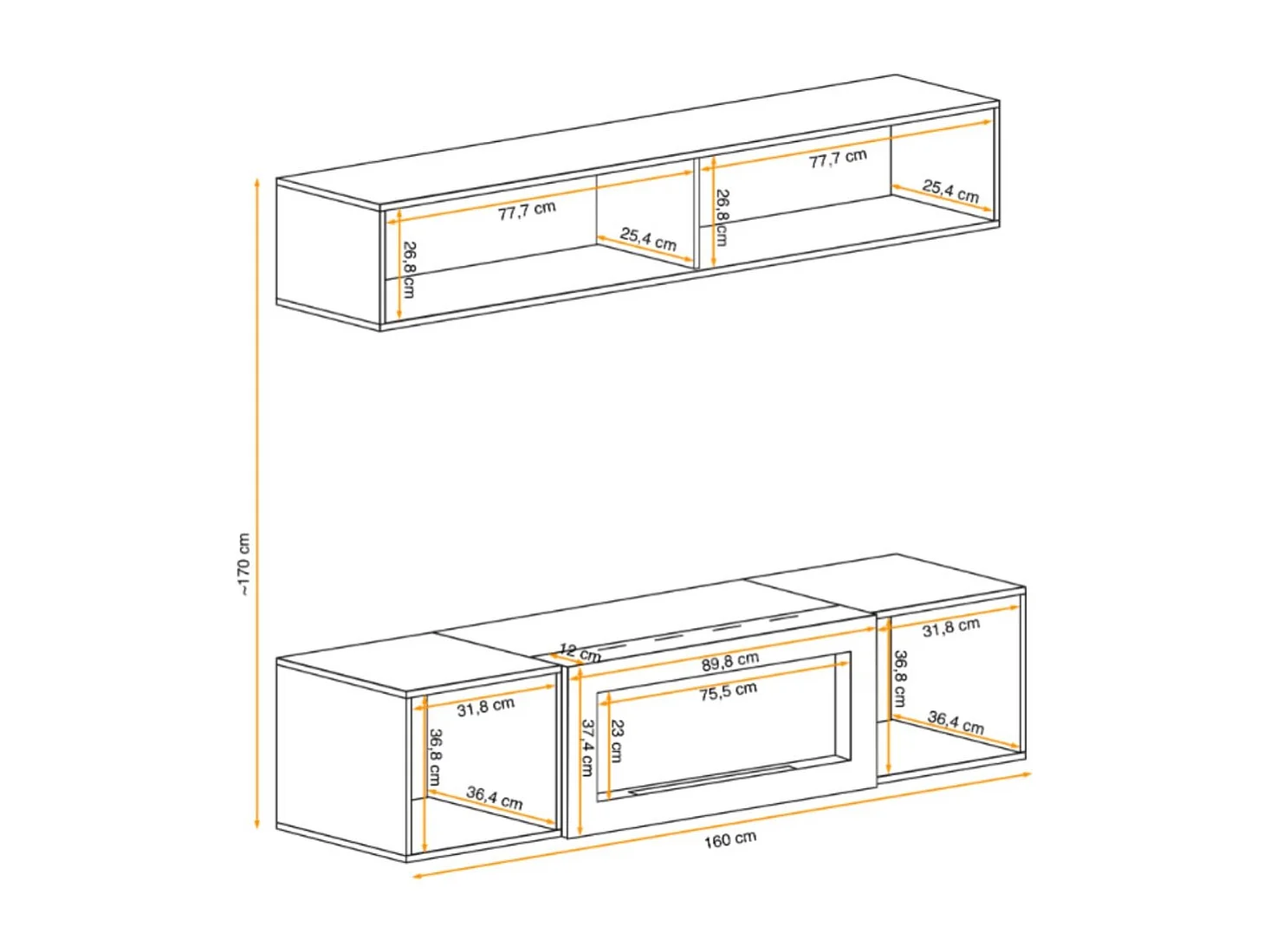 Composition murale FLY cachemire avec vitrine vitrée horizontale et meuble TV cheminée bio-éthanol