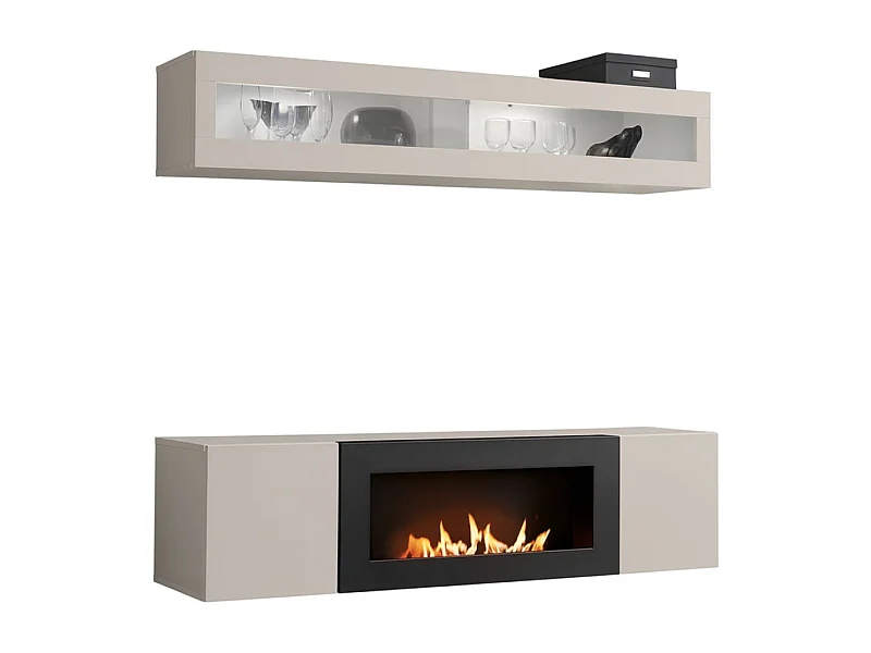 Composition murale FLY cachemire avec vitrine vitrée horizontale et meuble TV cheminée bio-éthanol