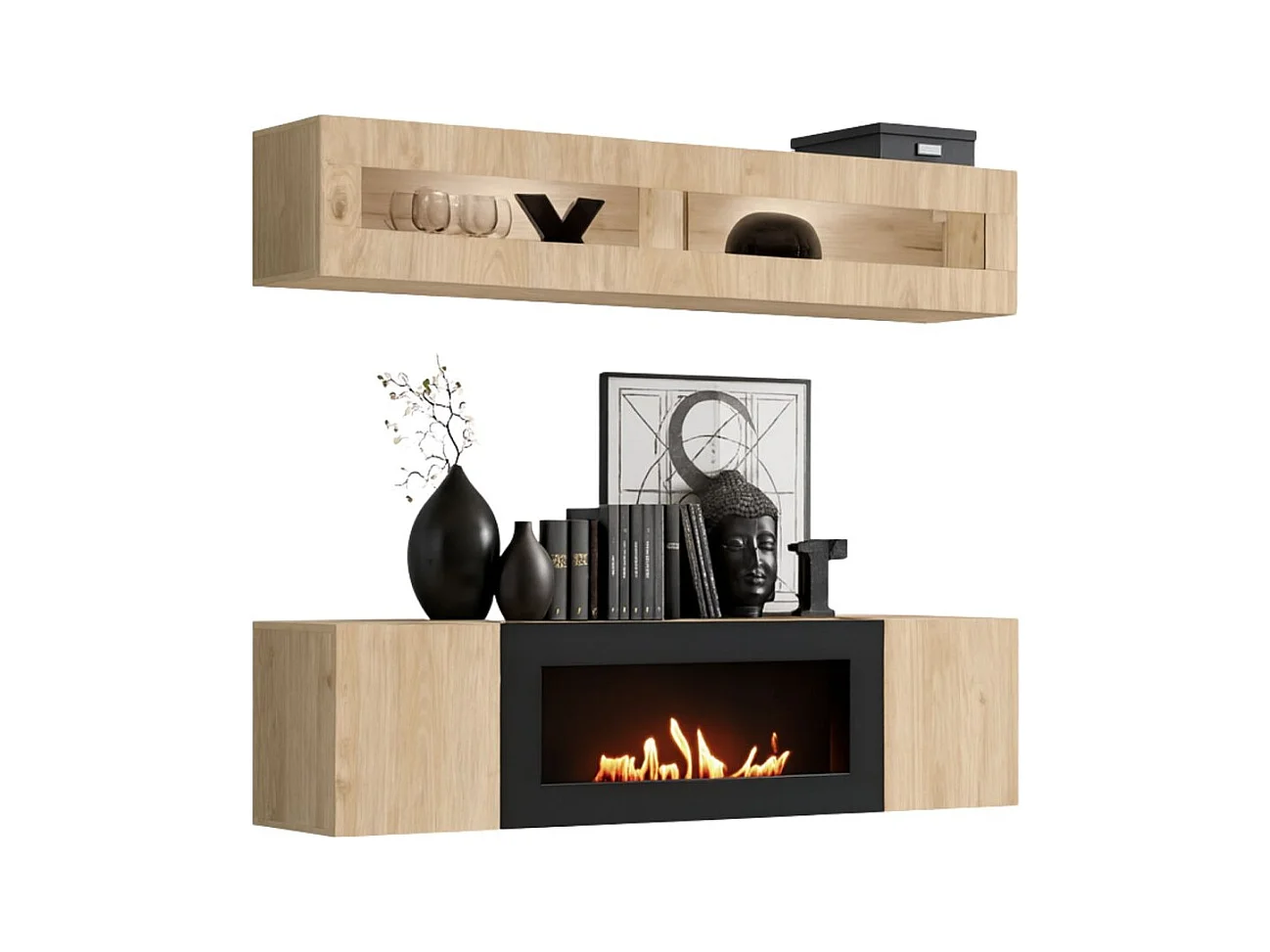 Composition murale FLY – Chêne clair – Vitrine horizontale vitrée et meuble TV avec cheminée bio-éthanol