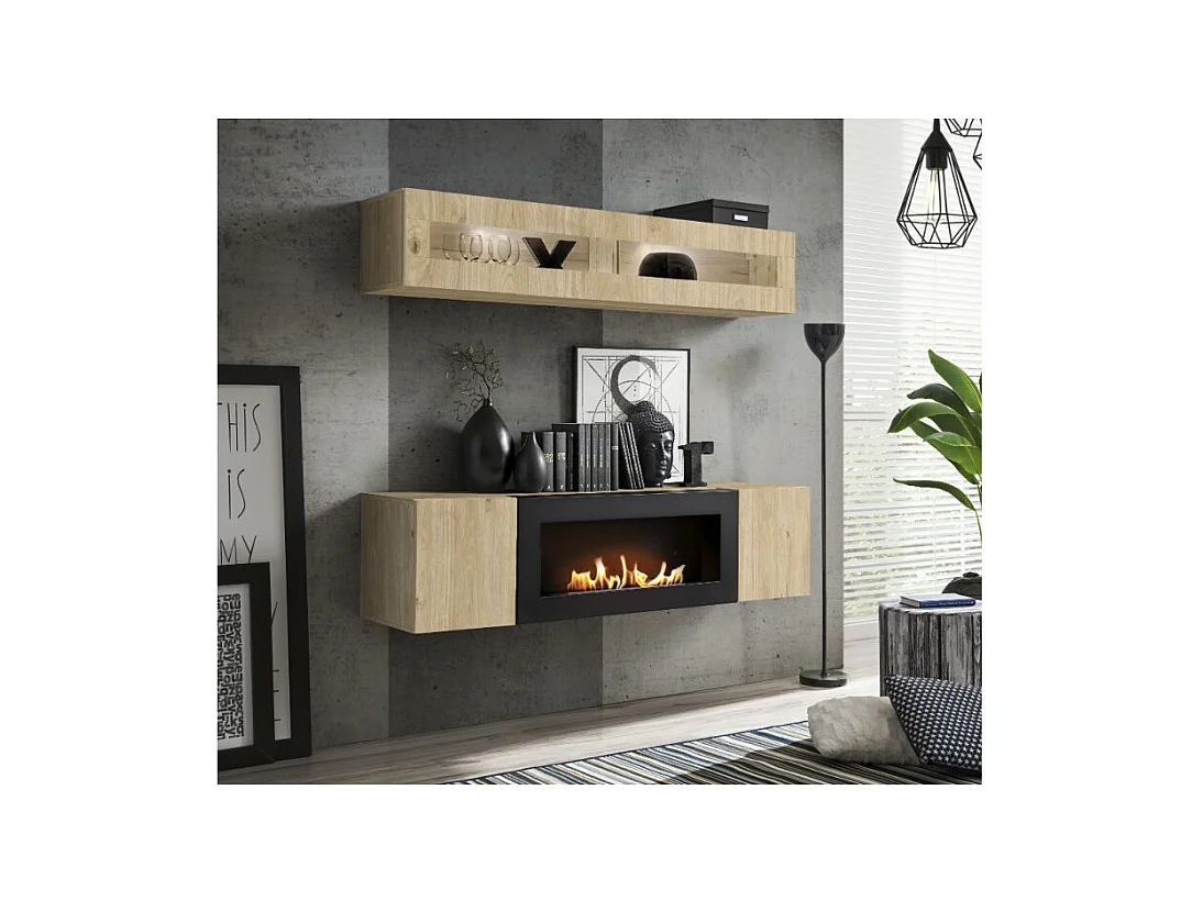 Composition murale FLY – Chêne clair – Vitrine horizontale vitrée et meuble TV avec cheminée bio-éthanol