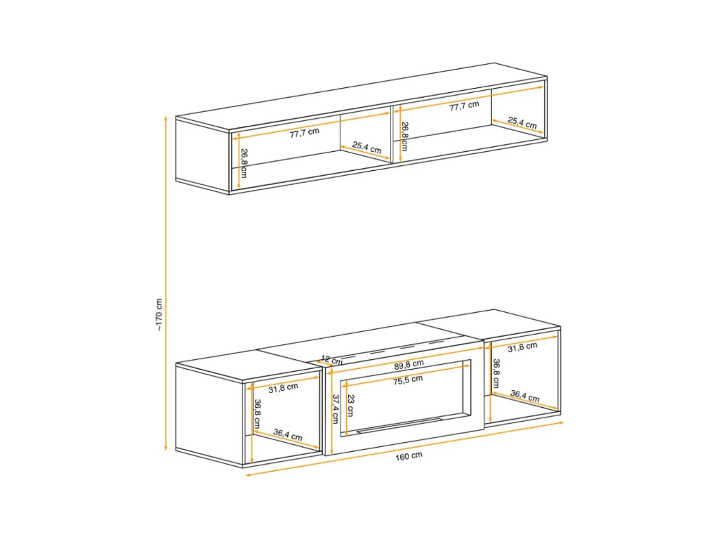 Composition murale FLY – Chêne clair – Vitrine horizontale vitrée et meuble TV avec cheminée bio-éthanol