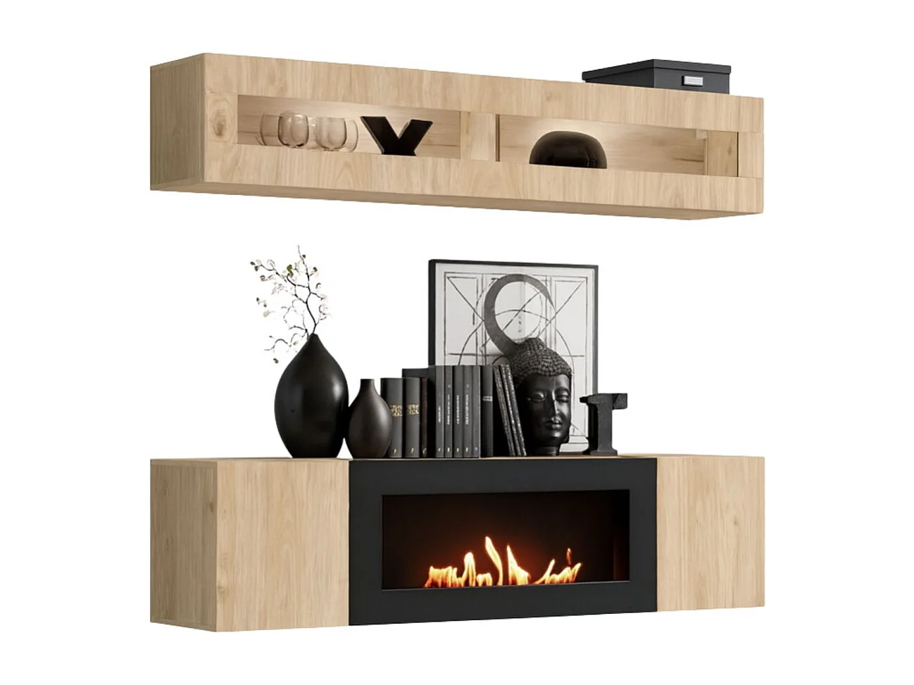 Composition murale FLY – Chêne clair – Vitrine horizontale vitrée et meuble TV avec cheminée bio-éthanol