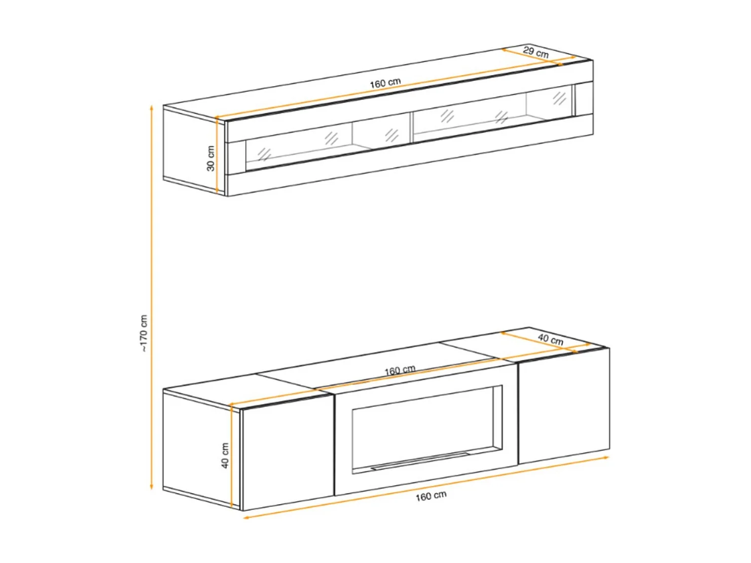 Composition murale FLY – Chêne clair – Vitrine horizontale vitrée et meuble TV avec cheminée bio-éthanol