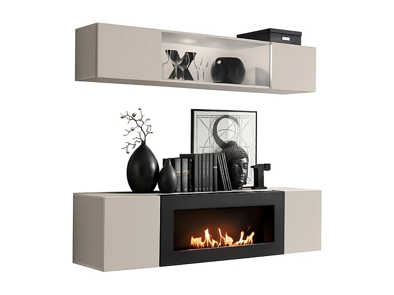Composition murale FLY cachemire avec vitrine partiellement vitrée et meuble TV cheminée bio-éthanol