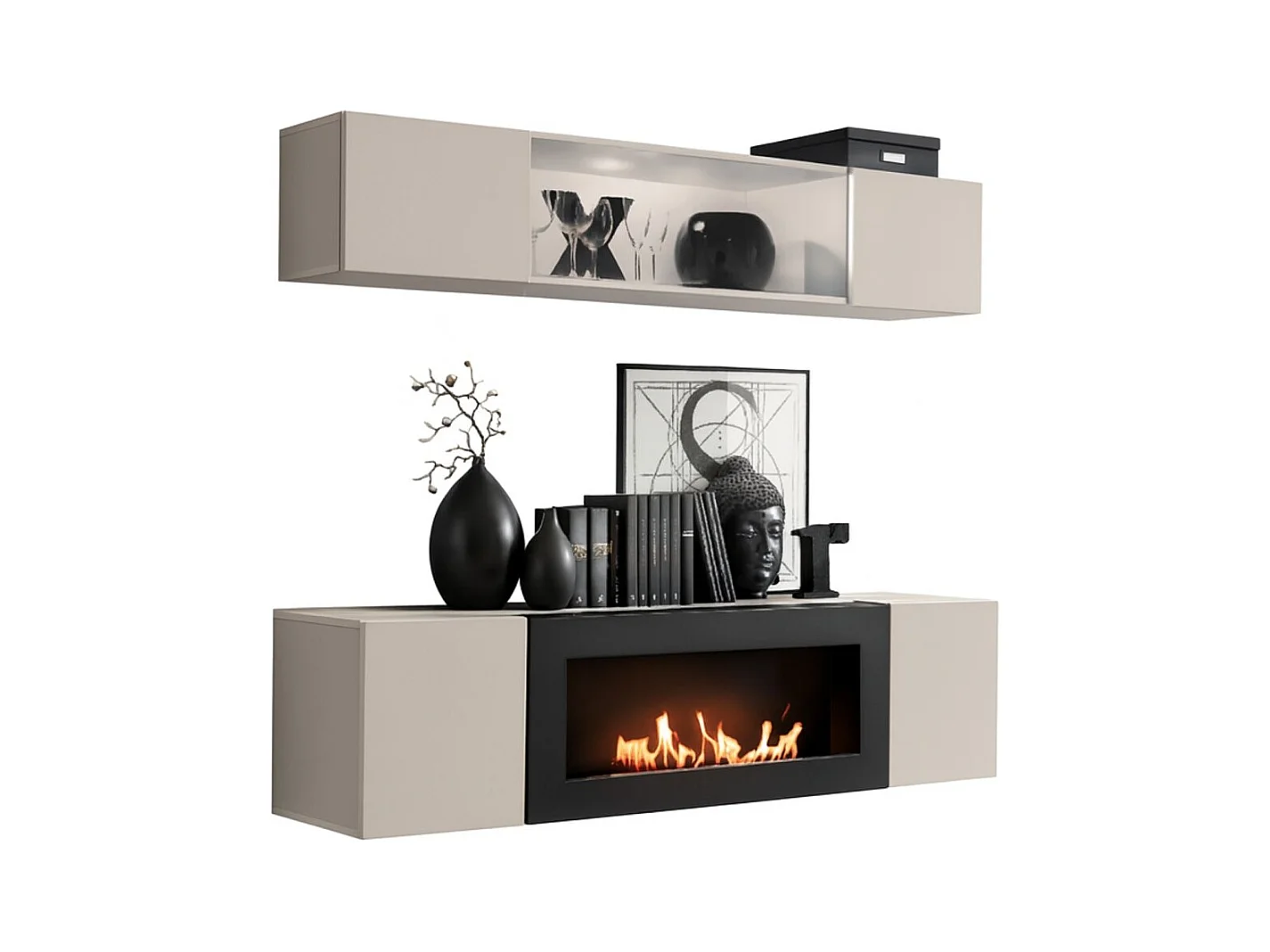 Composition murale FLY cachemire avec vitrine partiellement vitrée et meuble TV cheminée bio-éthanol