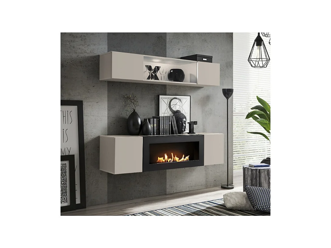 Composition murale FLY cachemire avec vitrine partiellement vitrée et meuble TV cheminée bio-éthanol