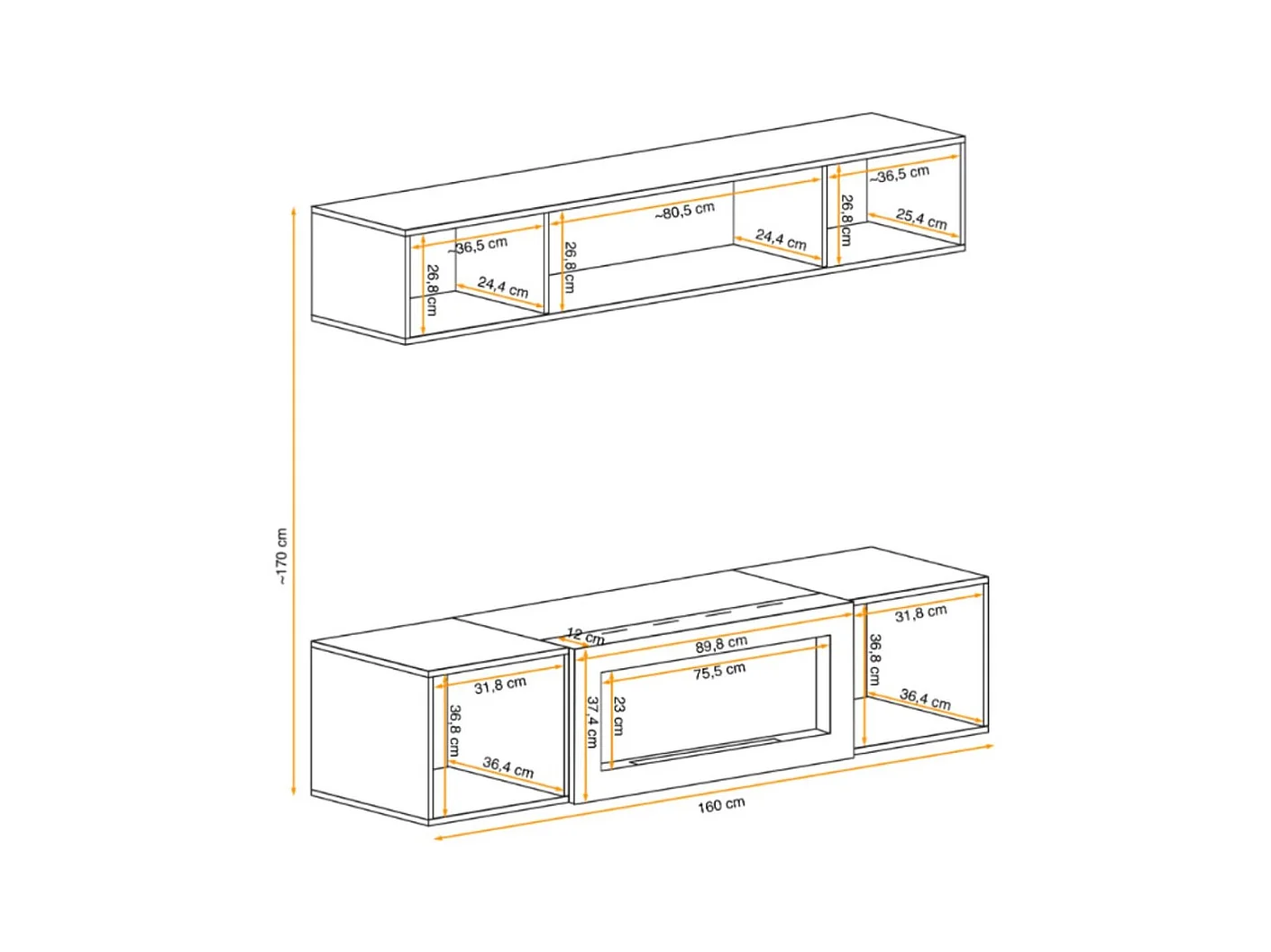 Composition murale FLY cachemire avec vitrine partiellement vitrée et meuble TV cheminée bio-éthanol