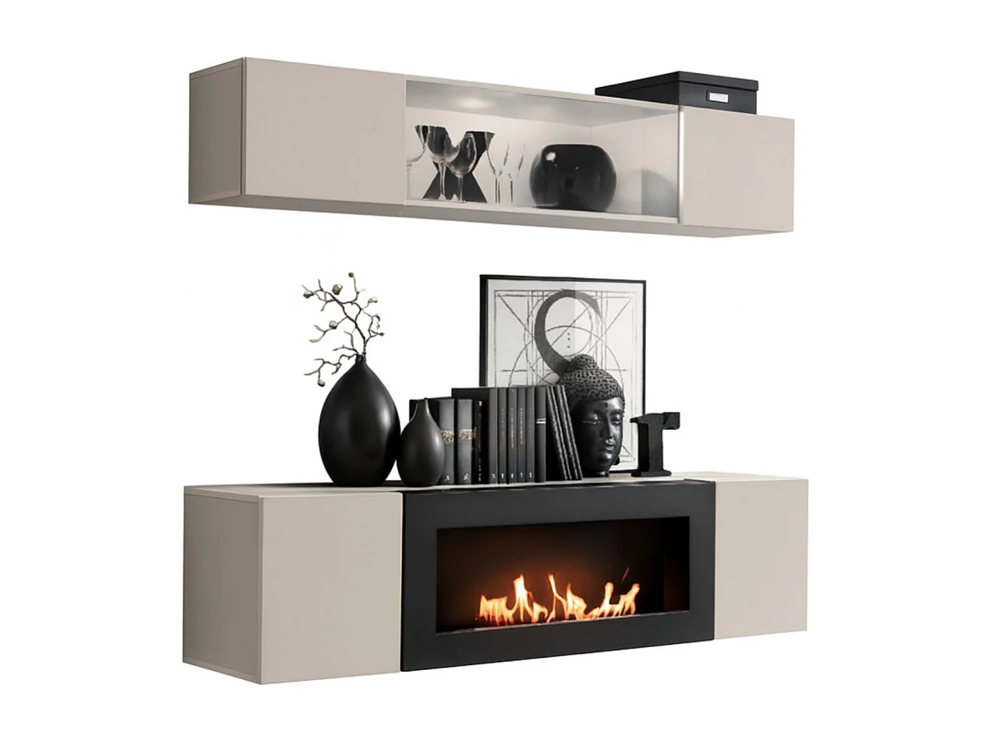 Composition murale FLY cachemire avec vitrine partiellement vitrée et meuble TV cheminée bio-éthanol