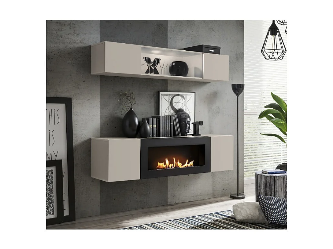 Composition murale FLY cachemire avec vitrine partiellement vitrée et meuble TV cheminée bio-éthanol