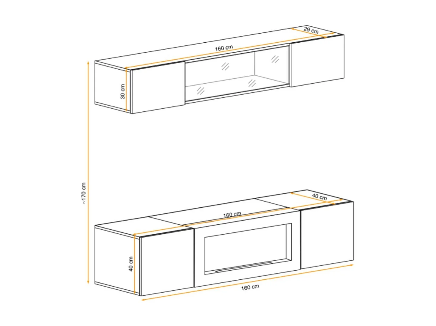 Composition murale FLY cachemire avec vitrine partiellement vitrée et meuble TV cheminée bio-éthanol