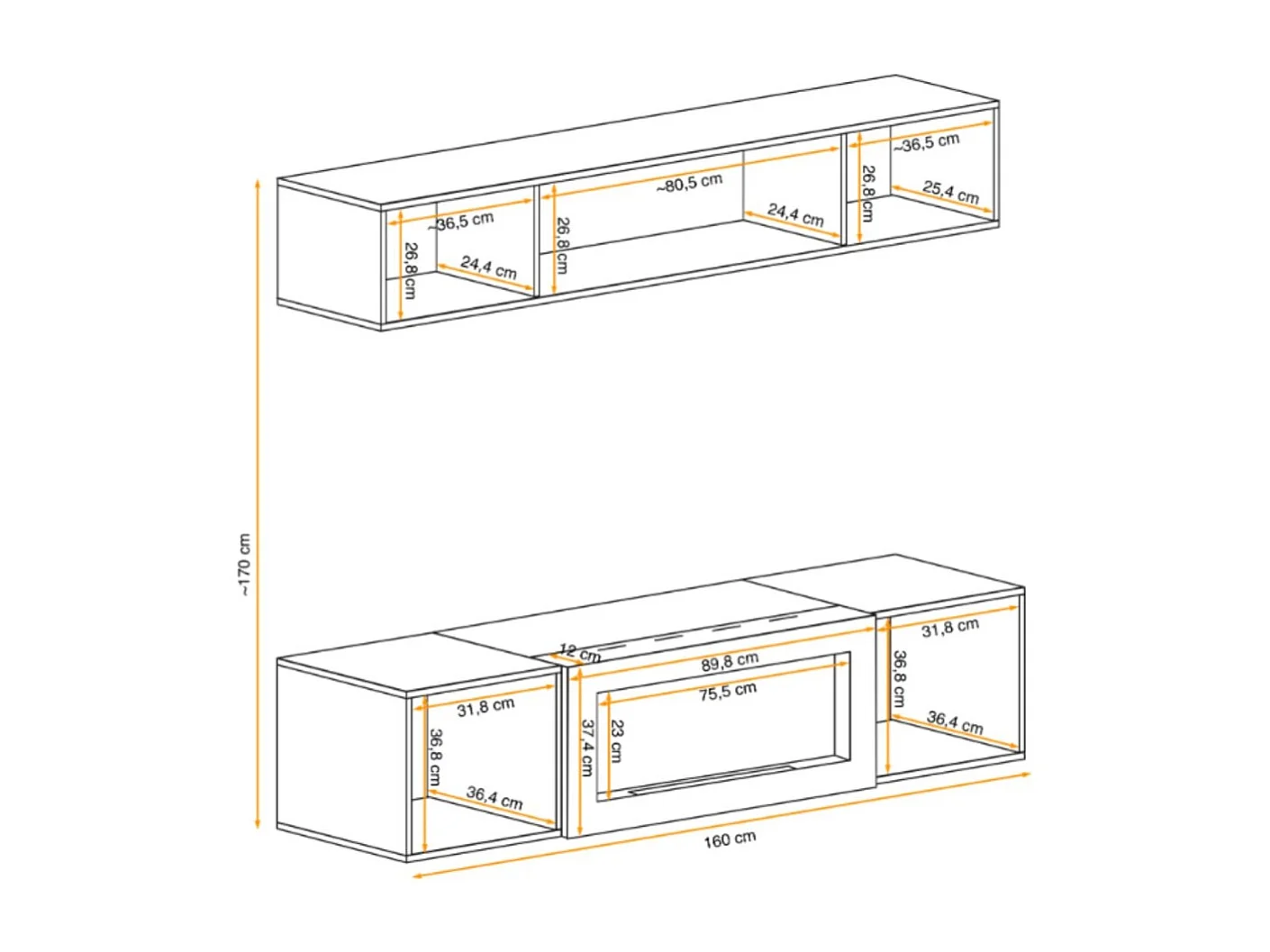 Composition murale FLY cachemire avec vitrine partiellement vitrée et meuble TV cheminée bio-éthanol