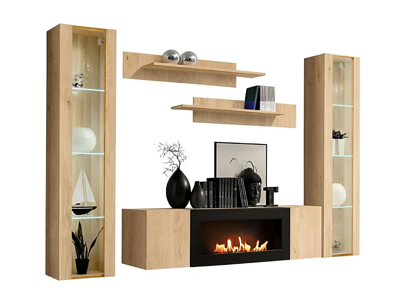 Composition murale FLY – Chêne clair – Vitrines vitrées, étagères et meuble TV avec cheminée bio-éthanol