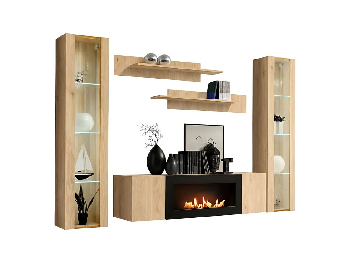 Composition murale FLY – Chêne clair – Vitrines vitrées, étagères et meuble TV avec cheminée bio-éthanol