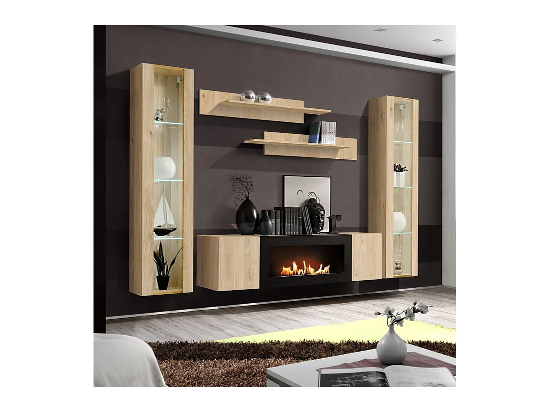 Composition murale FLY – Chêne clair – Vitrines vitrées, étagères et meuble TV avec cheminée bio-éthanol