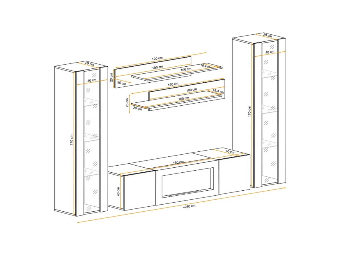 Composition murale FLY – Chêne clair – Vitrines vitrées, étagères et meuble TV avec cheminée bio-éthanol