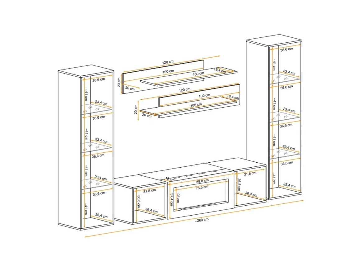 Composition murale FLY – Chêne clair – Vitrines vitrées, étagères et meuble TV avec cheminée bio-éthanol