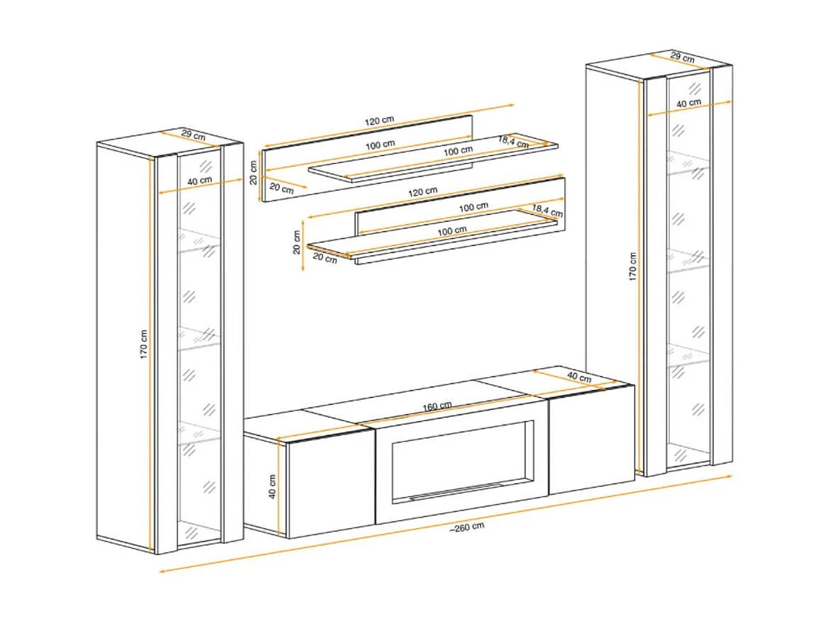 Composition murale FLY – Chêne clair – Vitrines vitrées, étagères et meuble TV avec cheminée bio-éthanol