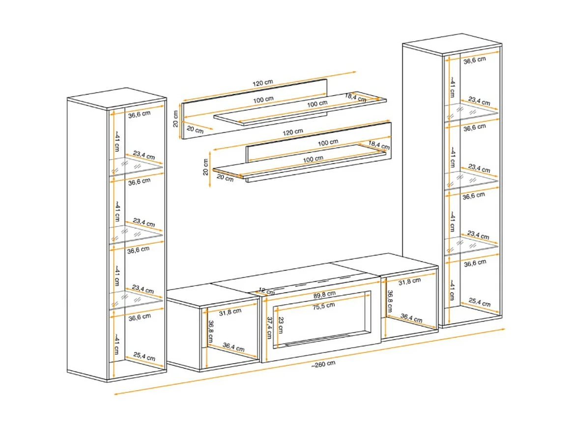 Composition murale FLY – Chêne clair – Vitrines vitrées, étagères et meuble TV avec cheminée bio-éthanol