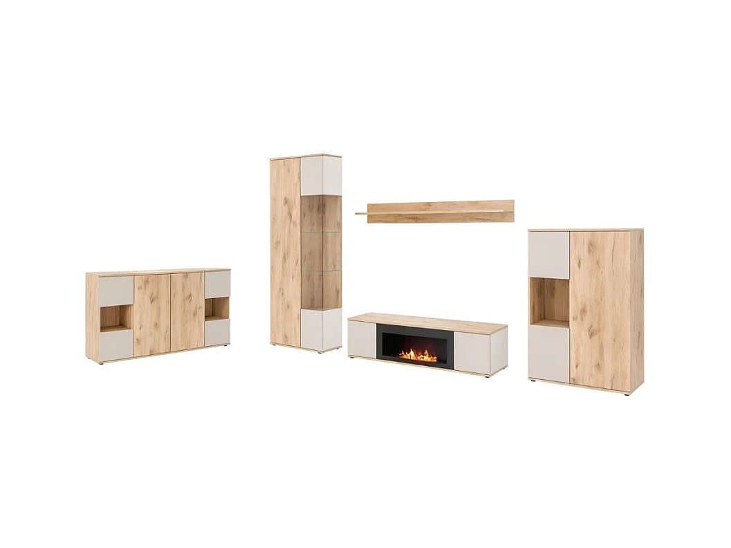 Ensemble salon complet ERINA – Buffet bas, Buffet haut, Vitrine, Étagère, Meuble TV cheminée bio-éthanol – Chêne clair et beige