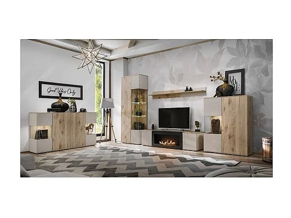 Ensemble salon complet ERINA – Buffet bas, Buffet haut, Vitrine, Étagère, Meuble TV cheminée bio-éthanol – Chêne clair et beige