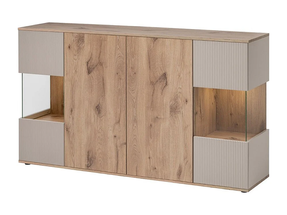 Ensemble salon complet ERINA – Buffet bas, Buffet haut, Vitrine, Étagère, Meuble TV cheminée bio-éthanol – Chêne clair et beige