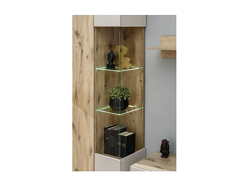 Ensemble salon complet ERINA – Buffet bas, Buffet haut, Vitrine, Étagère, Meuble TV cheminée bio-éthanol – Chêne clair et beige